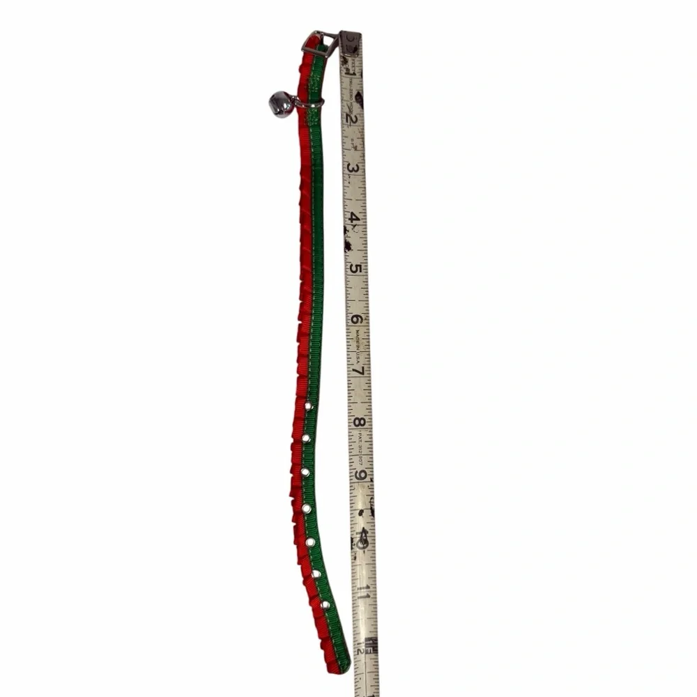 Small Red & Green Pet Collar with Silver Bell 12” NWOT